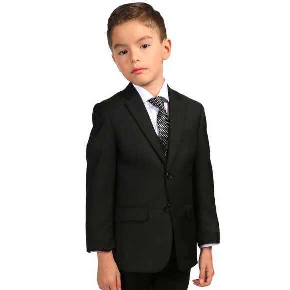 Boys Modern Fit 2 Button Vested Suit in Black - Picture 1 of 2
